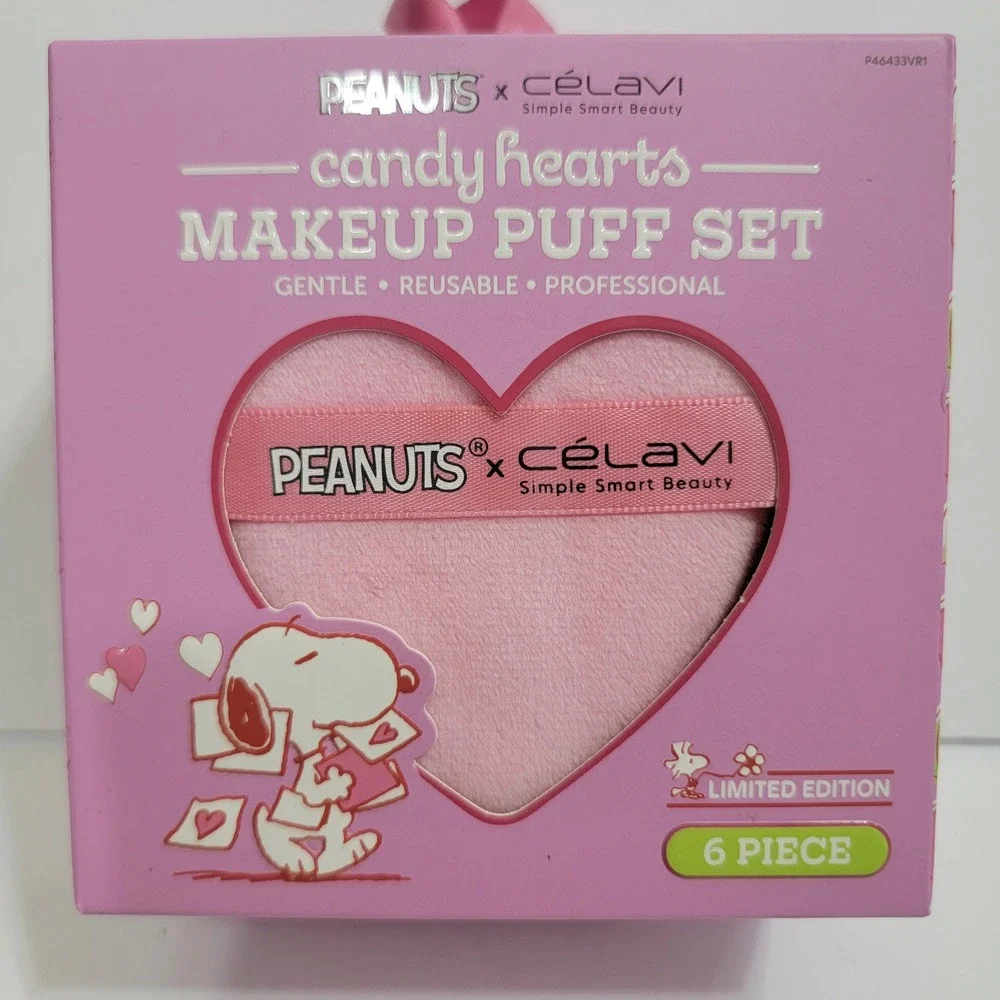 Peanuts x Celavi Hearts Makeup Puff Set 6 Pc Limited Edition Pink Heart Reusable